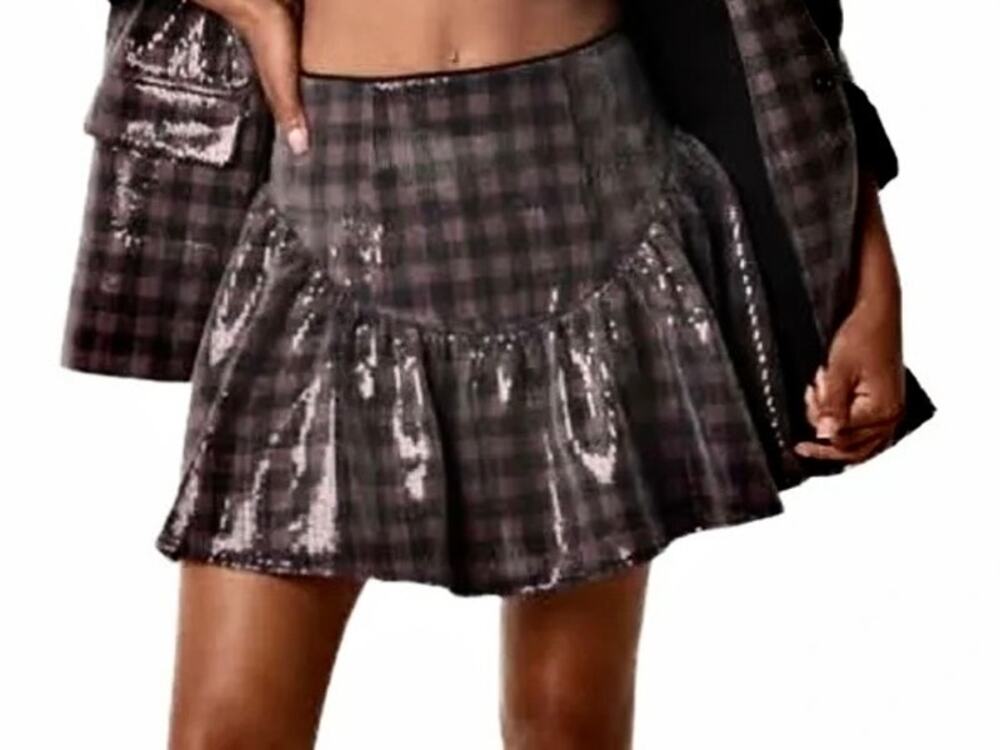 NWT Johnny Wujek Sequined Buffalo Check Plaid Mini Skirt Ruffled Y2K Indie 22
